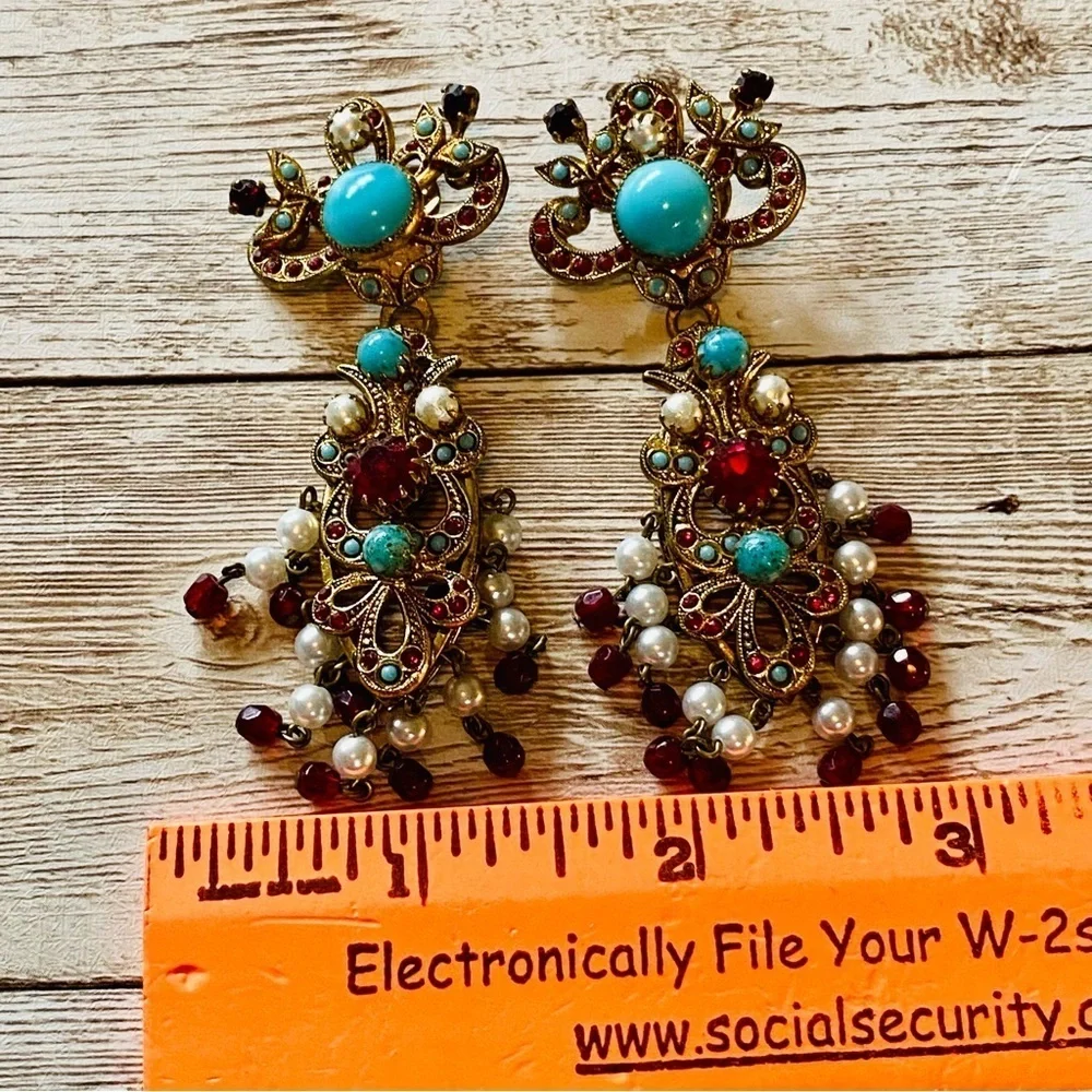 Vintage Fiorenza  style turquoise pearl and garnet bohemian dangling earrings 3”